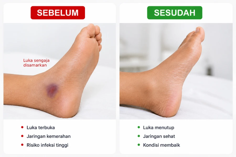 Dokumentasi before after perawatan luka diabetes home care Syifa Medika