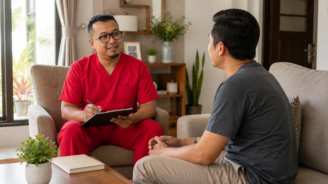 terapis mendampingi sesi hipnoterapi home care di Makasar Jakarta Timur